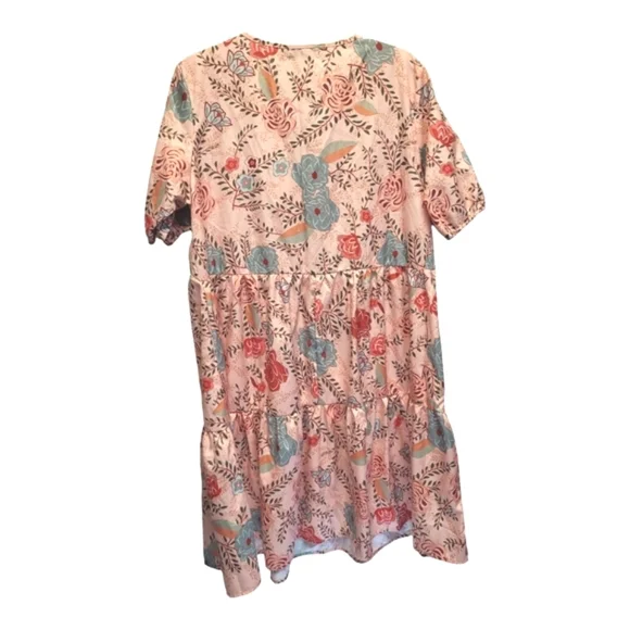 MISSLOOK Peach Floral Puff Sleeve V-Neck Tiered Ruffle Midi Dress - Size XL - Picture 3 of 7